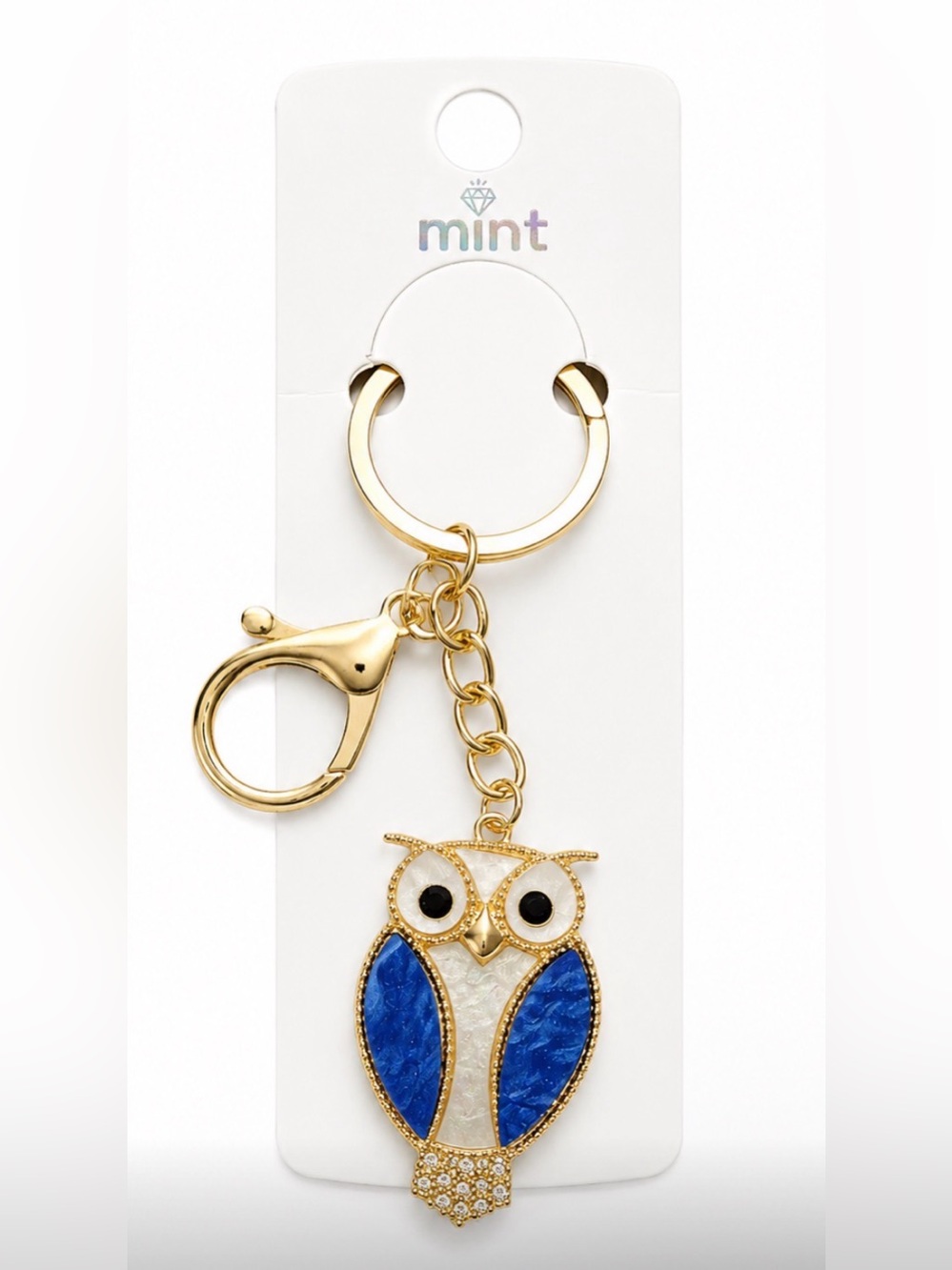 Mint Gold Owl Keychain/Bag Charm with Blue and White Inlay